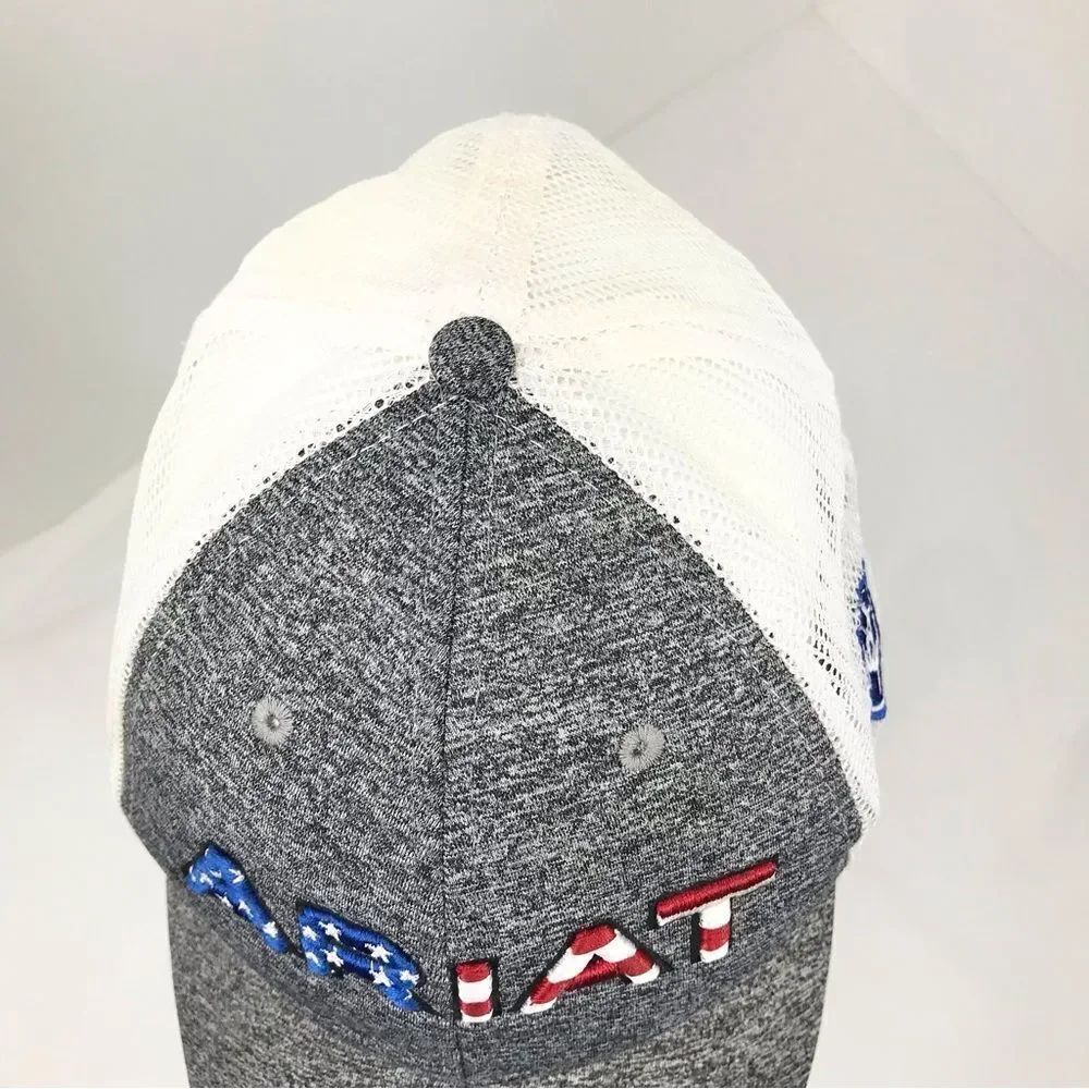 Ariat Gray White Patriotic Americana Flag Stars and Stripes Patch Trucker Cap
